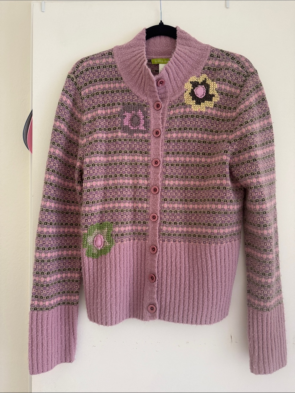 Sigrid Olsen Purple Patterned Button-Up Women's Sweater with Floral Accents L